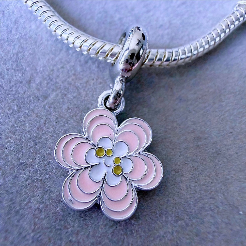 Pink Enamel Flower Dangle Charm fits PANDORA